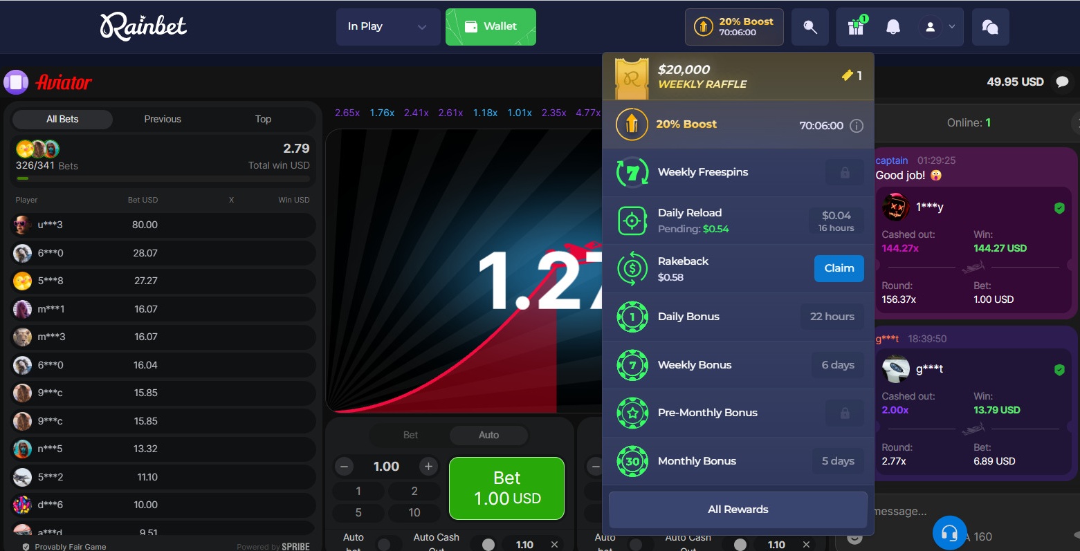 Rainbet Rewards page with $0.58 rakeback ready to claim and part pending in Daily Reload