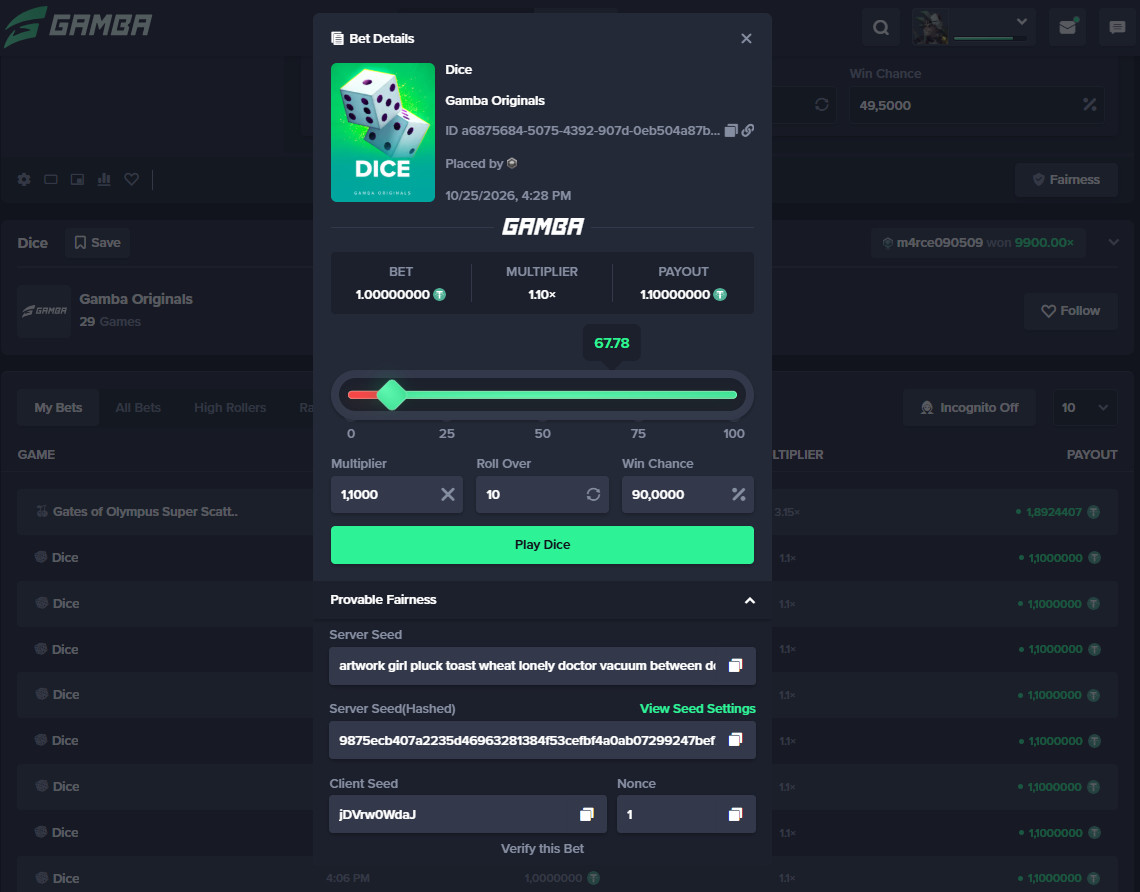 Gamba Dice bet details: 1.10x, roll 67.78, with the revealed server seed