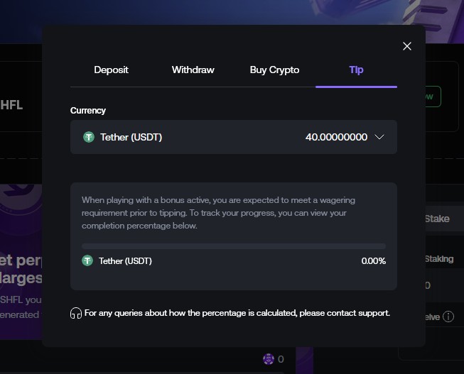 Shuffle Wallet → Tip screen with a bonus active, showing the wagering-progress tracker at 0% before any play