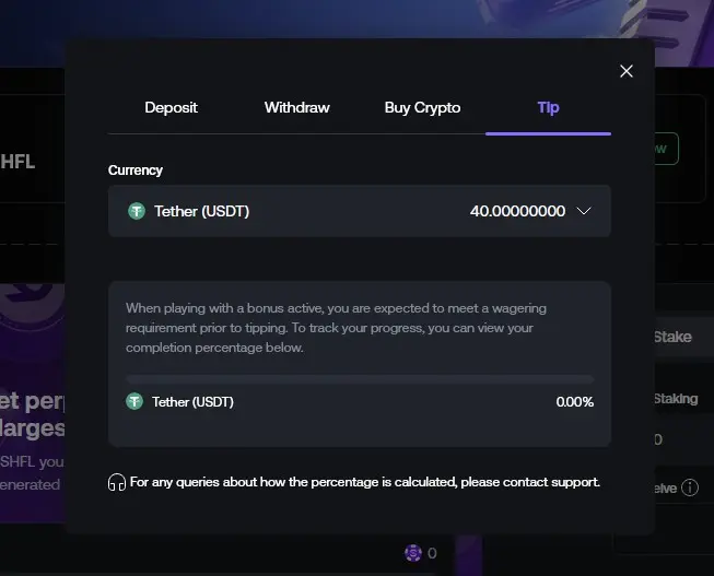 Shuffle Wallet → Tip screen with a bonus active, showing the wagering-progress tracker at 0% before any play