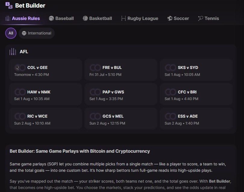 Cloudbet Bet Builder — same-game parlays across sports