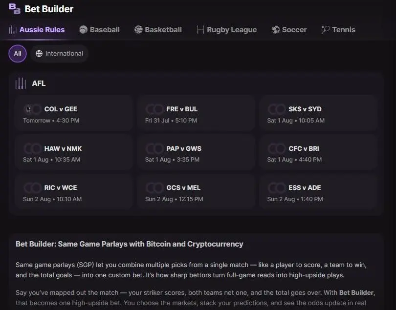 Cloudbet Bet Builder — same-game parlays across sports