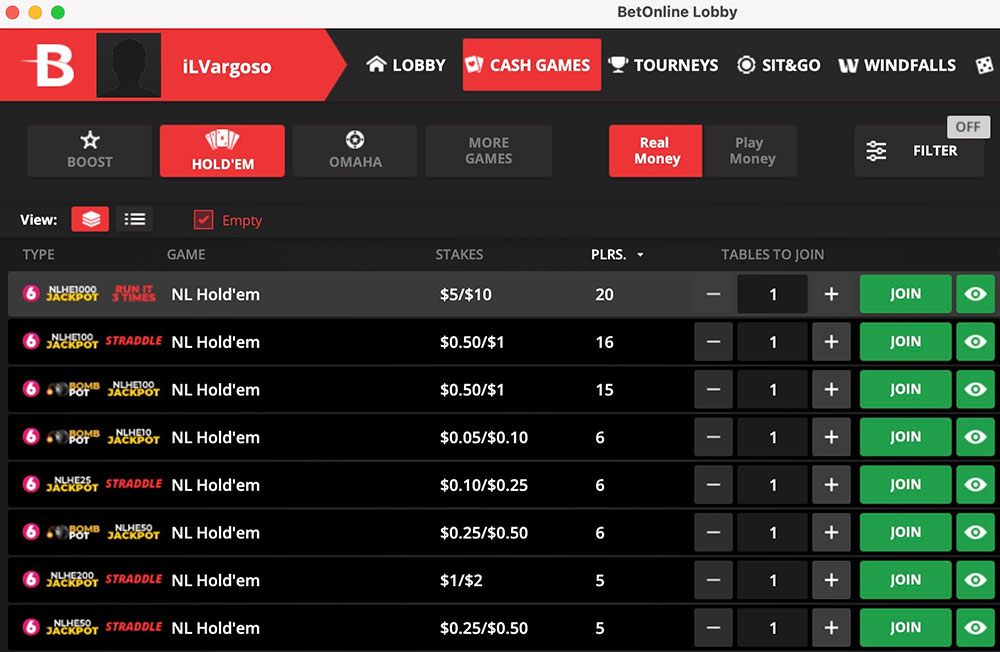Betonline Poker Holdem Tables Lobby