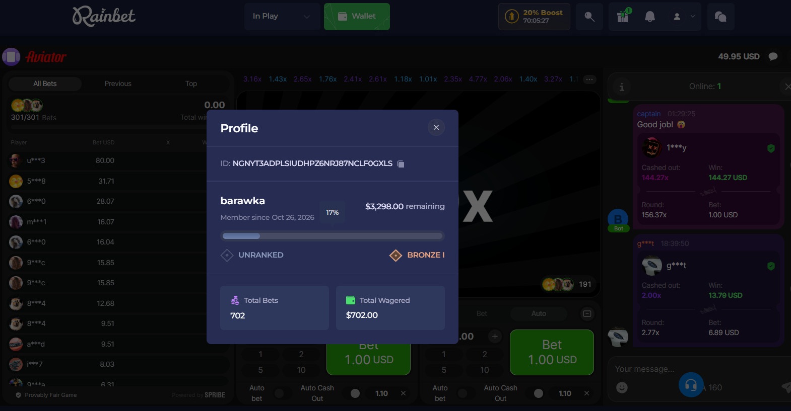  Rainbet profile showing $702 wagered and 17% progress to Bronze I 