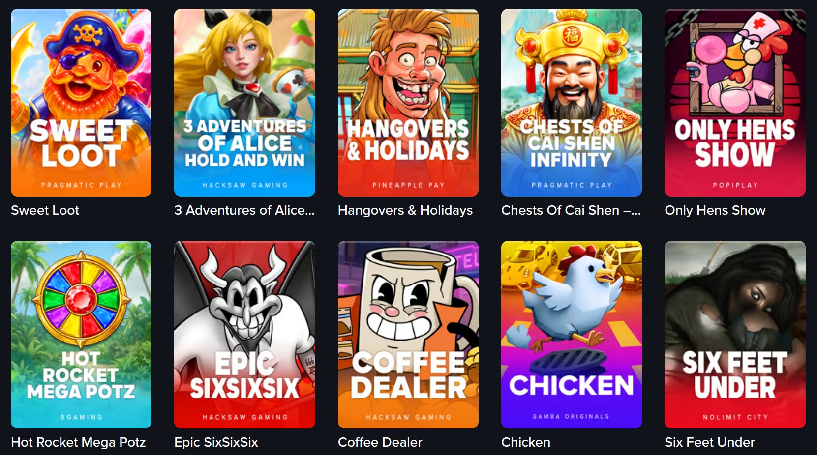 Gamba game lobby with slots from Pragmatic Play, Hacksaw Gaming, Nolimit City and BGaming, plus the Chicken Original