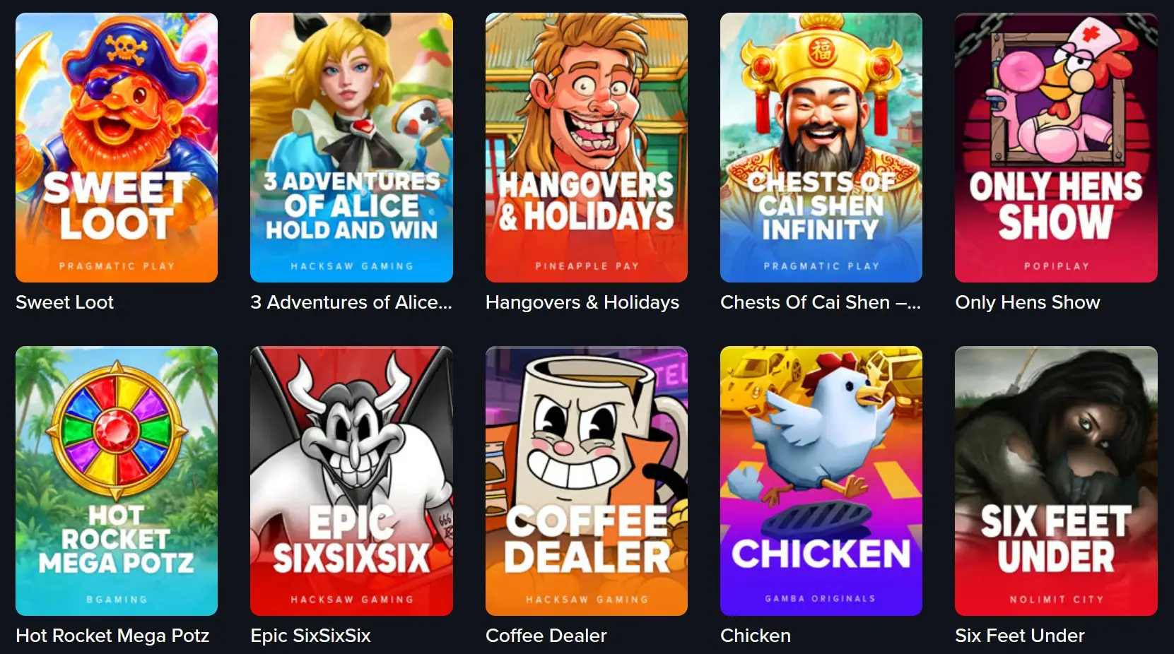 Gamba game lobby with slots from Pragmatic Play, Hacksaw Gaming, Nolimit City and BGaming, plus the Chicken Original