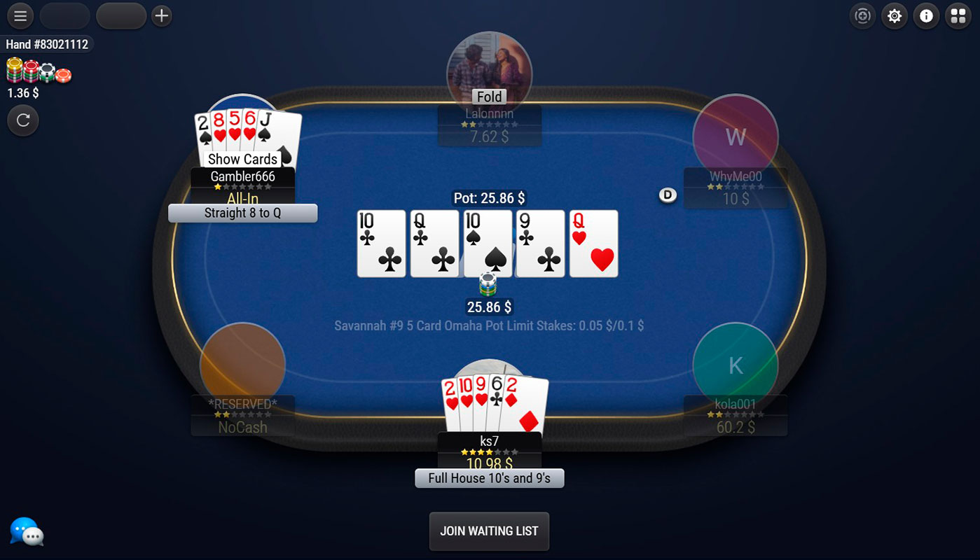 1 Win Poker Omaha Table