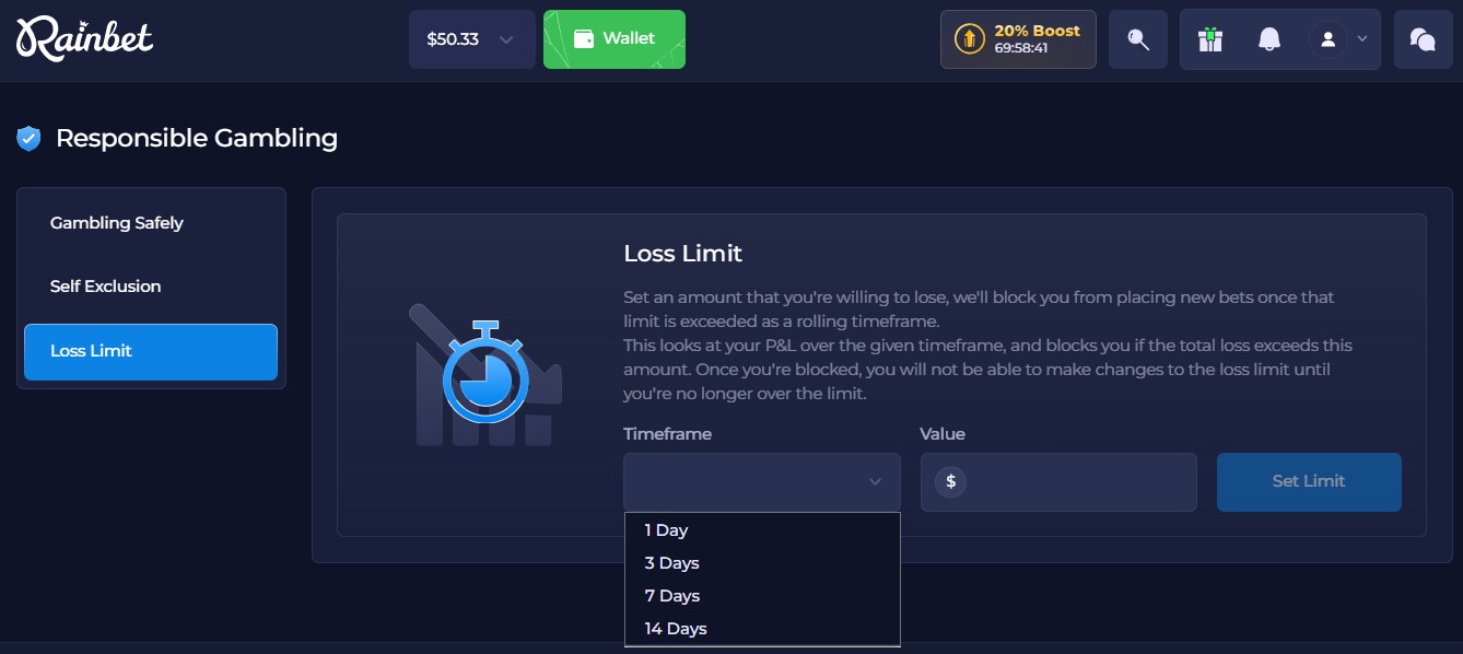 Rainbet Loss Limit settings with 1, 3, 7 and 14-day periods