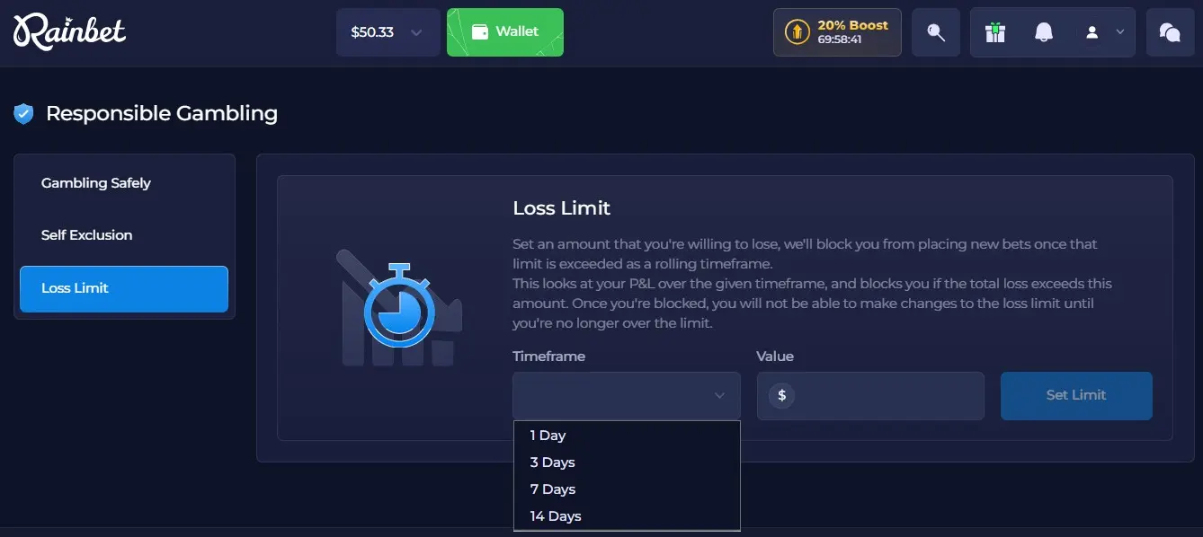 Rainbet Loss Limit settings with 1, 3, 7 and 14-day periods Rainbet Loss Limit settings with 1, 3, 7 and 14-day periods