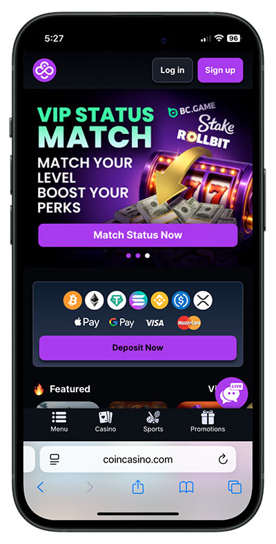 CoinCasino mobile homepage showing VIP Status Match promotion, crypto and card payment options, and bottom navigation bar with Menu, Casino, Sports, and Promotions tabs