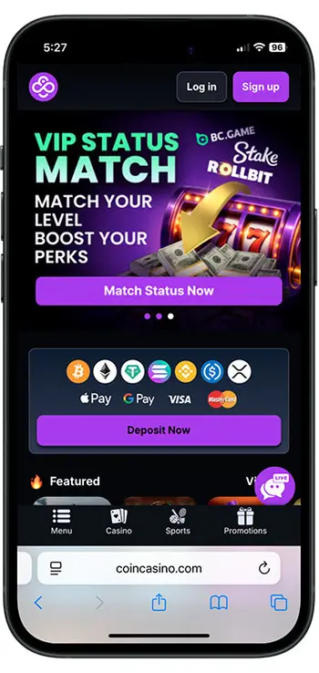 CoinCasino mobile homepage showing VIP Status Match promotion, crypto and card payment options, and bottom navigation bar with Menu, Casino, Sports, and Promotions tabs