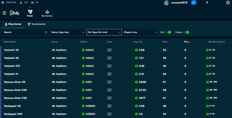 Stake Poker лобби кеш-столов