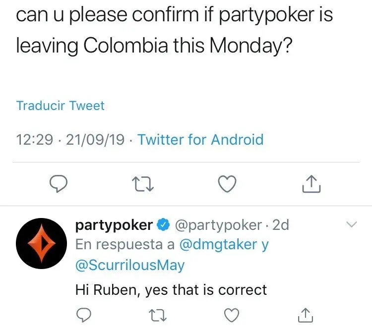partypoker confirma su retirada de Colombia