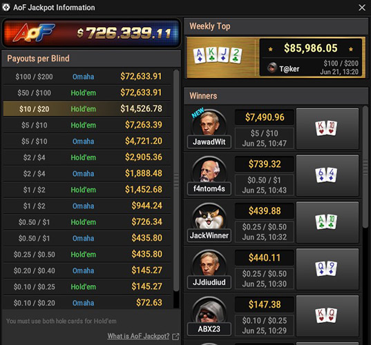 Информация об AoF джекпоте в ПокерОК