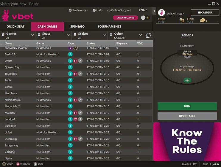 Vbet Ftn Poker лобби кеш-игр в клиенте