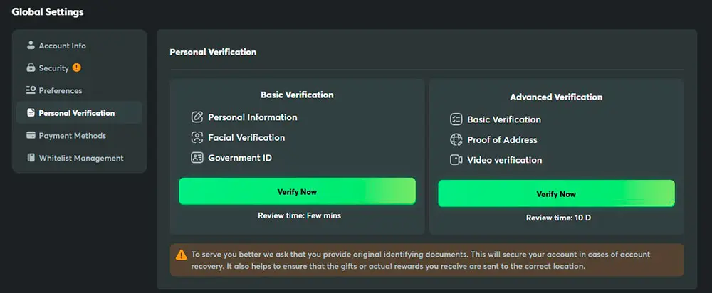 BC Game Personal Verification