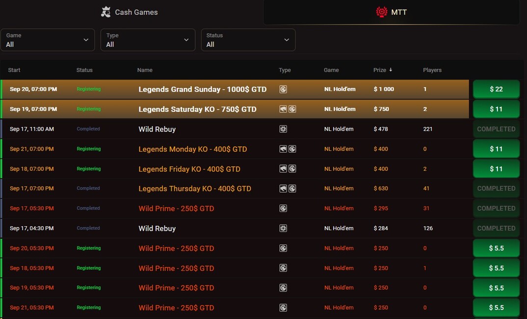 Pinco Poker Mtt Lobby