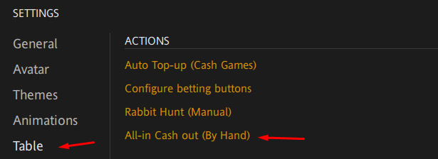 All in Cash out Settings Red Star Poker