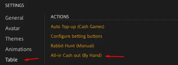 All in Cash out Settings Red Star Poker
