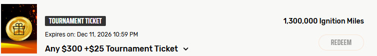 Ignition Rewards Store with poker tournament tickets $325 priced in Ignition Miles 