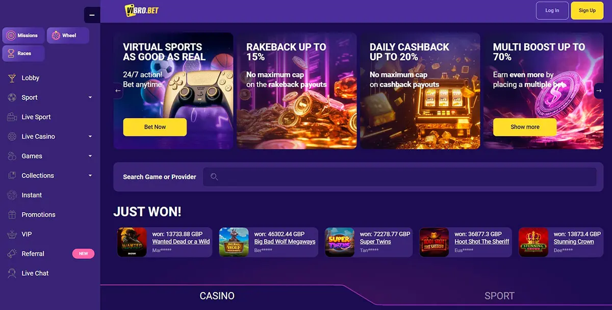 Vibrobet Casino Interface