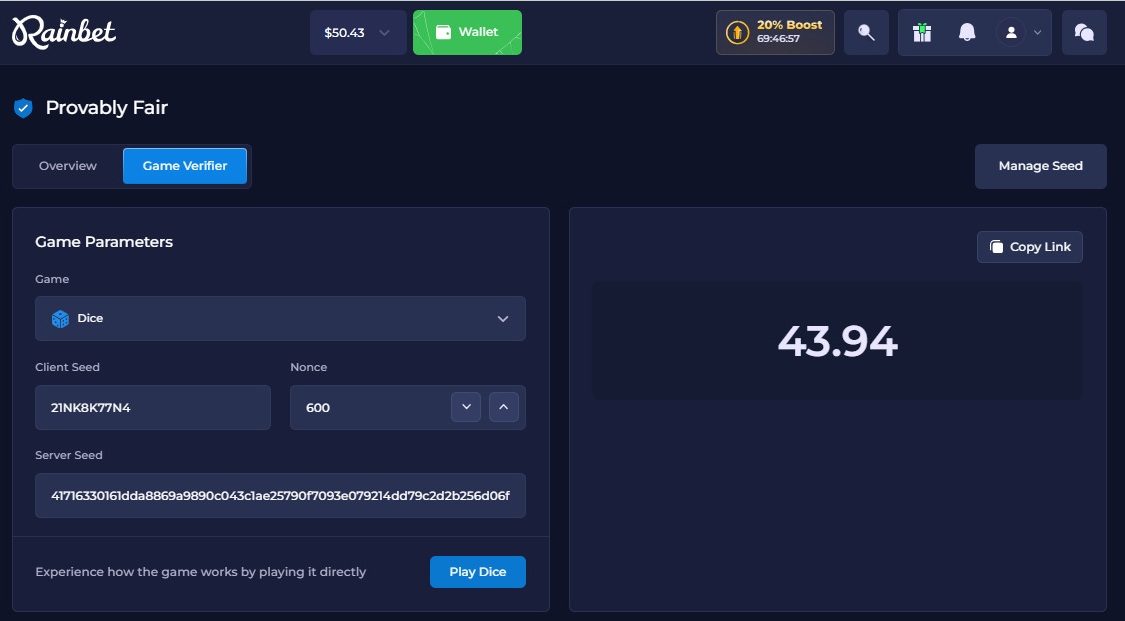 Rainbet game verifier returning the same 43.94 result