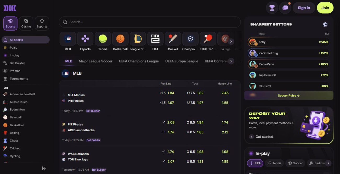 Cloudbet sportsbook main page — sports list, live events and odds