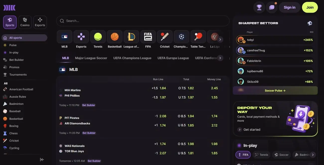 Cloudbet sportsbook main page — sports list, live events and odds