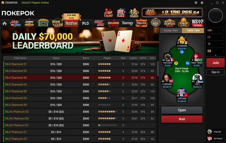 ПокерОК лобби столов по Холдему
