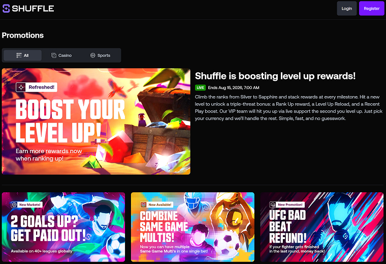 Shuffle promotions board showing Level Up rewards, weekly races and sports promotions