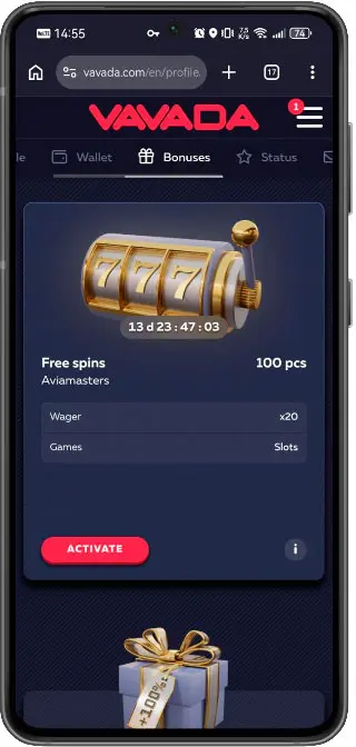Vavada page on Android — official site banner