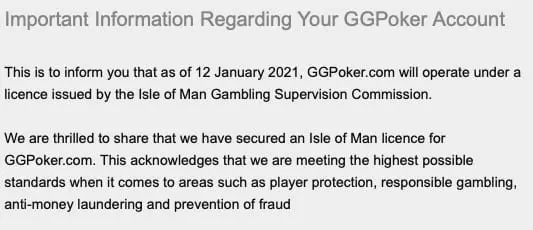 GGPoker anunció a sus jugadores del cambio de licencia mediante un correo electrónico