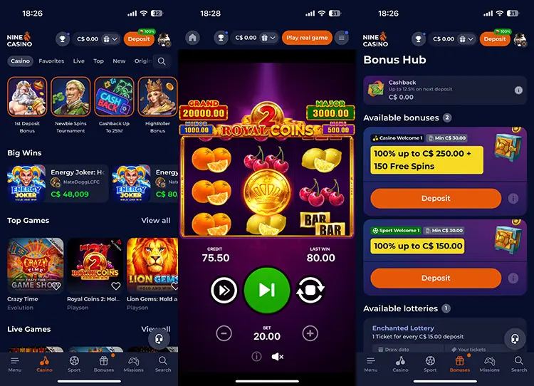Aplicación Móvil de Ninecasino