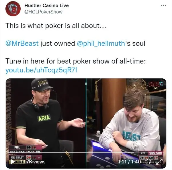 Hustlers Casino's cheeky tweet about the hand between MrBeast and Hellmuth