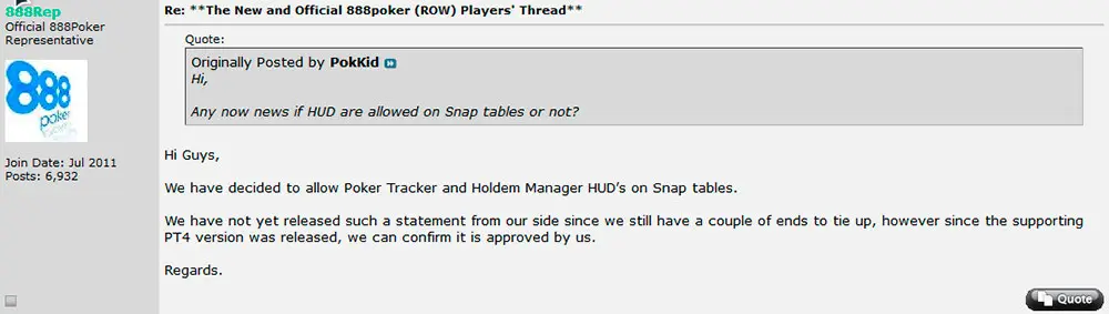 888 Poker разрешили HUD в Snap
