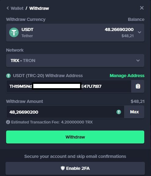 Gamba USDT TRC-20 withdrawal of 48.27 with an estimated 4.2 TRX fee