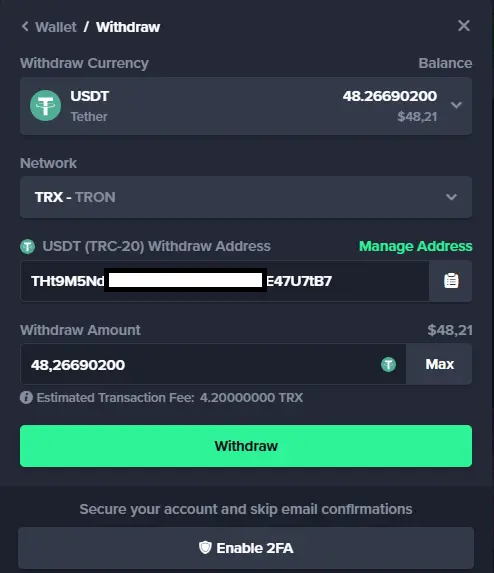 Gamba USDT TRC-20 withdrawal of 48.27 with an estimated 4.2 TRX fee