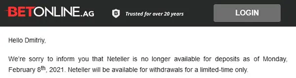 BetOnline removes Neteller as a payment method