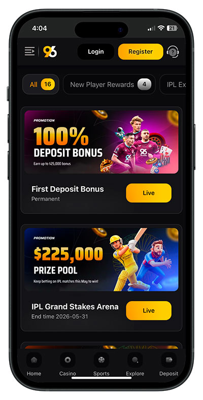 96.com mobile app screen showing bonus offers and promotions on iPhone.