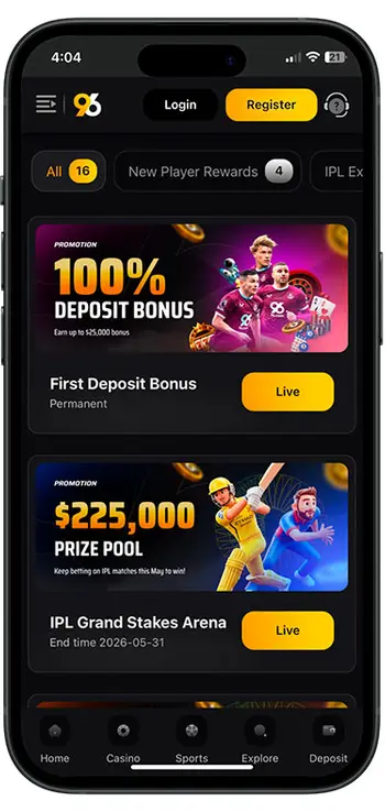 96.com mobile app screen showing bonus offers and promotions on iPhone.