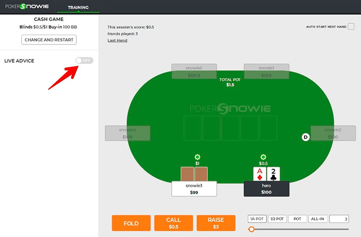 Вывод подсказок во время практики Покерснови