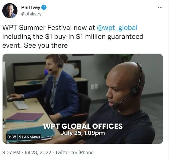 Phil Ivey promoting WPT Global as a CS agent on Twitter.