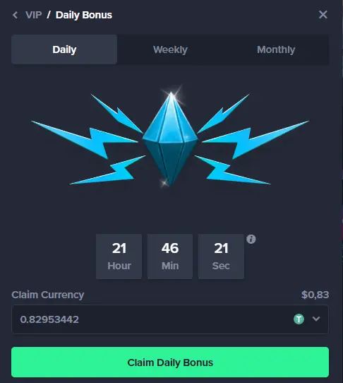 Gamba Daily Bonus window with 0.83 USDT ready to claim