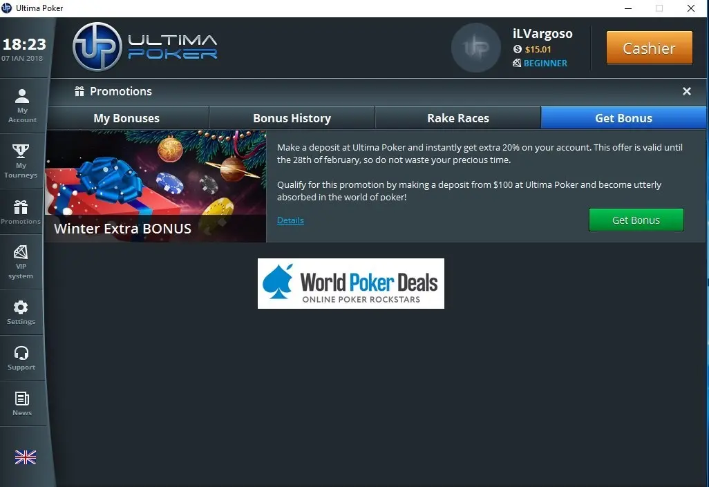 Ultima Poker bonuses lobby