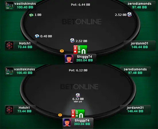 Proof of 3-bet pot with preflop rake charged by BetOnline